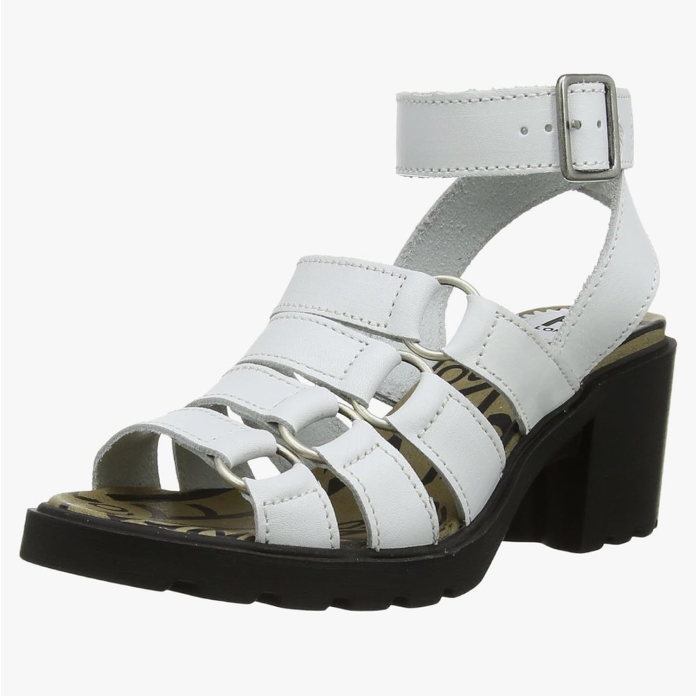 Fly London COHA Sandal Platform Block Heel White Leather Buckle Straps Sz 36 6.5